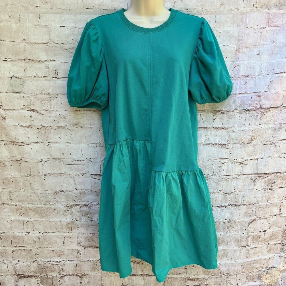 ENGLISH Factory Green Teal Mixed Medium Mini Dress Puff Shoulders Size M Medium